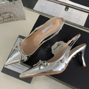 Advbridge  Fashion CRYSTAL Butterfly-knot Women Pumps Sexy Pointed Toe Slingbacks Low Thin Heel Elegant Mule Ladies Shoes