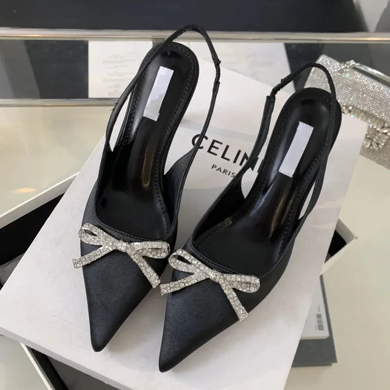 Advbridge  Fashion CRYSTAL Butterfly-knot Women Pumps Sexy Pointed Toe Slingbacks Low Thin Heel Elegant Mule Ladies Shoes