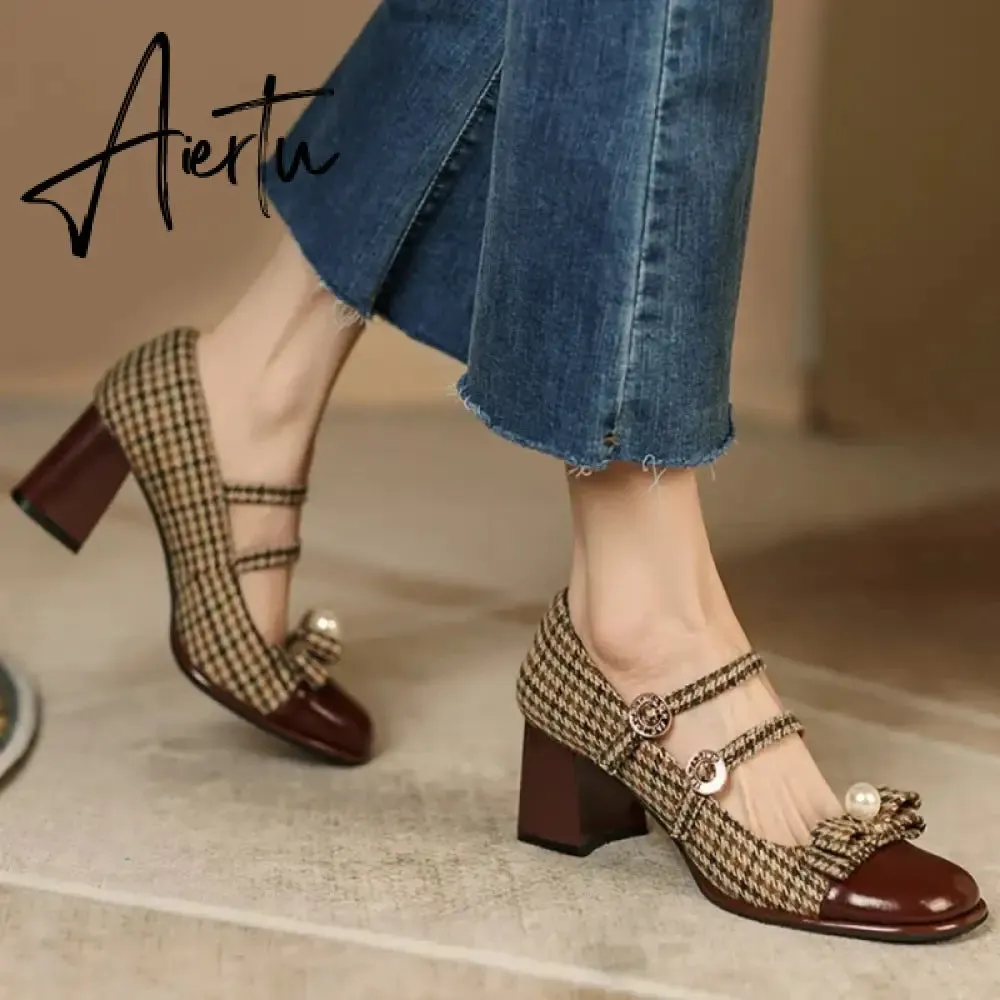 Aiertu Spring/Autumn Women's Shoes Round Toe Chunky Heel Pumps Cotton Fabric Lattice High Heels Genuine Leather Retro Mary Janes