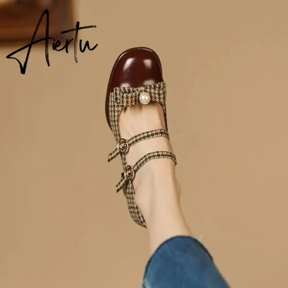 Aiertu Spring/Autumn Women's Shoes Round Toe Chunky Heel Pumps Cotton Fabric Lattice High Heels Genuine Leather Retro Mary Janes