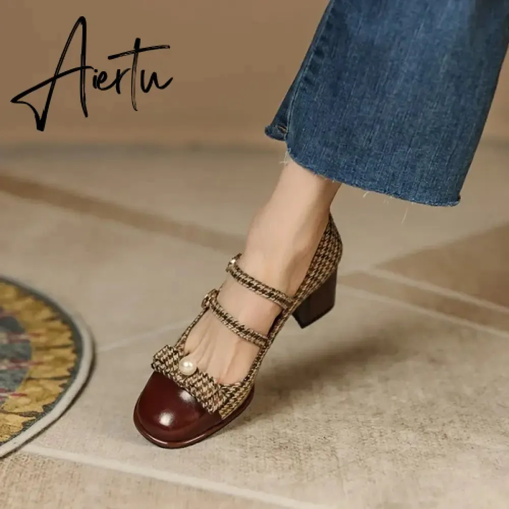 Aiertu Spring/Autumn Women's Shoes Round Toe Chunky Heel Pumps Cotton Fabric Lattice High Heels Genuine Leather Retro Mary Janes