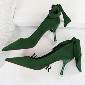 Amozae-2024 Elegant Women 8cm High Heels Pumps   Nightclub Green Bowknot Sweet Low Heels Girls Scarpins Office Wedding Kawaii Shoes