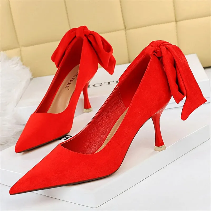 Amozae-2024 Elegant Women 8cm High Heels Pumps   Nightclub Green Bowknot Sweet Low Heels Girls Scarpins Office Wedding Kawaii Shoes