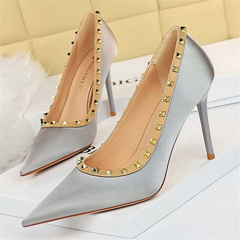 Amozae-2024 Fashion Women 9.5cm High Heels Shoes Green Rivets Office Satin Silk Pumps Lady Scarpins Plus Size 34-43 Quality Party Shoes