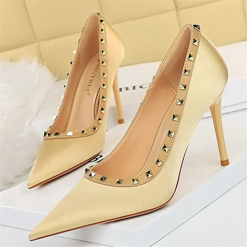 Amozae-2024 Fashion Women 9.5cm High Heels Shoes Green Rivets Office Satin Silk Pumps Lady Scarpins Plus Size 34-43 Quality Party Shoes