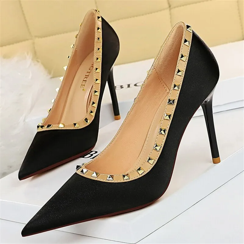 Amozae-2024 Fashion Women 9.5cm High Heels Shoes Green Rivets Office Satin Silk Pumps Lady Scarpins Plus Size 34-43 Quality Party Shoes