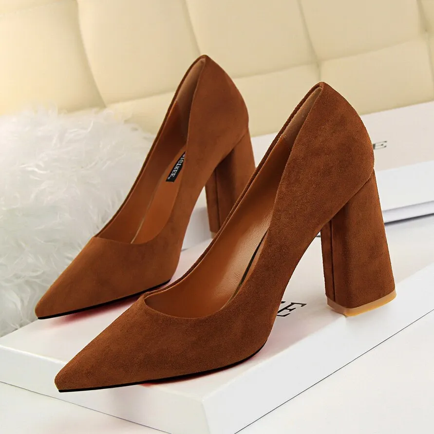 Amozae-2024 Women 8.5cm High Heels Chunky Pumps   Nightclub Flock Block Heels Girls Scarpins Office Wedding Bridal Shoes Plus Size