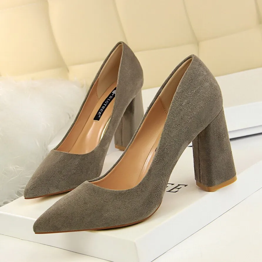 Amozae-2024 Women 8.5cm High Heels Chunky Pumps   Nightclub Flock Block Heels Girls Scarpins Office Wedding Bridal Shoes Plus Size