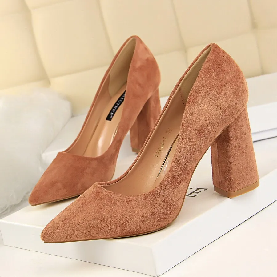 Amozae-2024 Women 8.5cm High Heels Chunky Pumps   Nightclub Flock Block Heels Girls Scarpins Office Wedding Bridal Shoes Plus Size