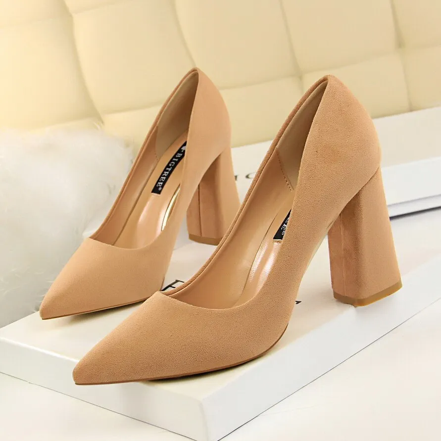 Amozae-2024 Women 8.5cm High Heels Chunky Pumps   Nightclub Flock Block Heels Girls Scarpins Office Wedding Bridal Shoes Plus Size