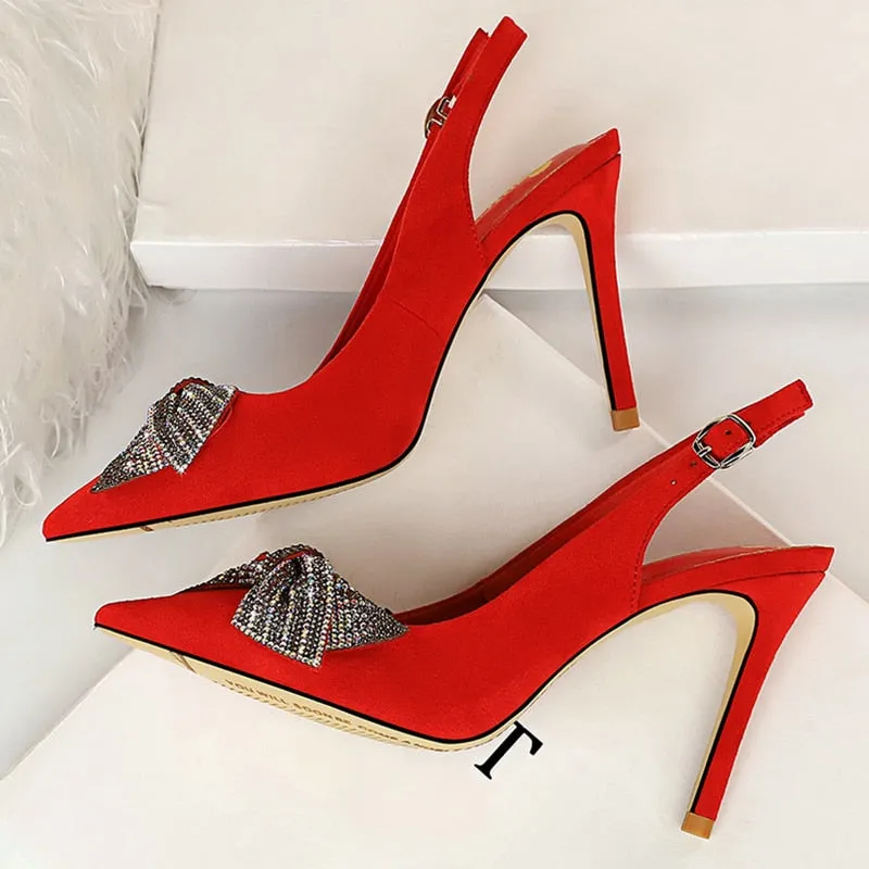 Amozae-2024 Women 9.5cm High Heels Slingback Fetish Pumps Lady Scarpins Wedding Bridal Stripper Glitter Crystal Heels Prom Red Shoes