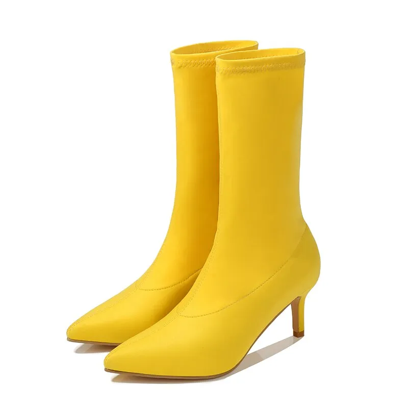 Amozae-2024 Women Stretch Yellow Sock Boots 7cm High Heels Short Ankle Boots Lady Combat Kitten Low Heels Fetish Stripper Blue Shoes