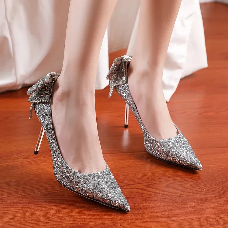 AMOZAE- -  Bling Sequins Wedding Shoes for Women Bride Elegant Pointed Toe