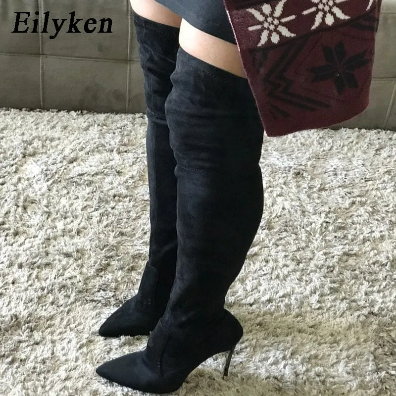 Amozae      Over the Knee high Boots Woman Flock Leather Thick high heels Women Boots Winter Black Apricot Brown Party shoes