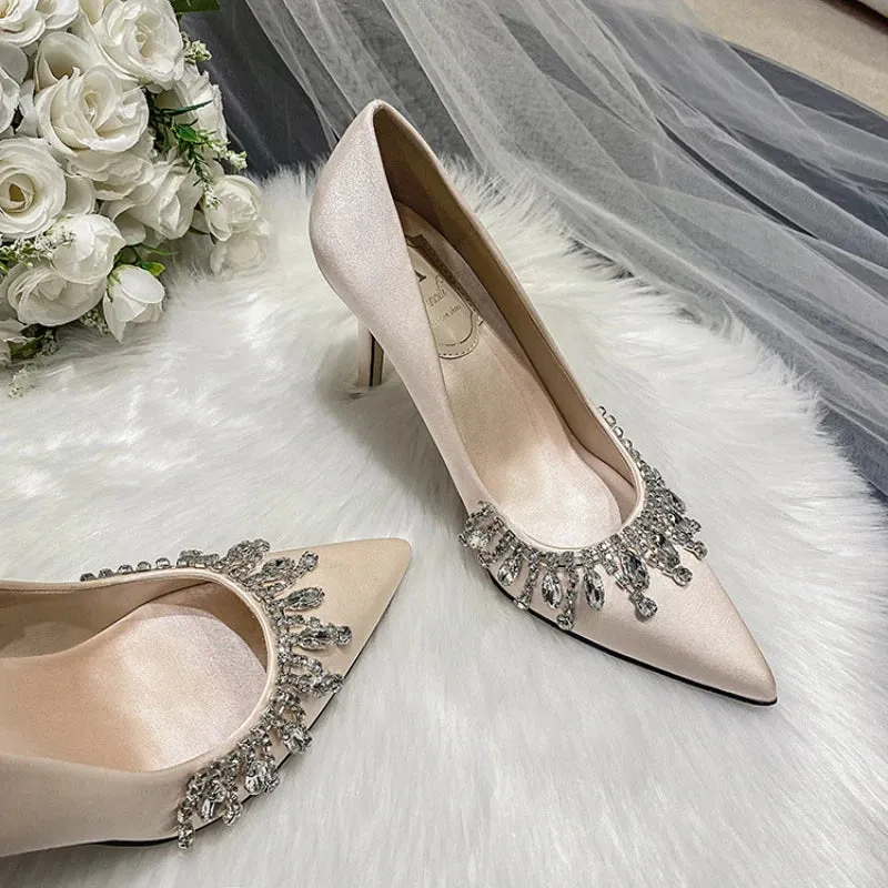 Amozae-Rhinestone Satin Pointed Toe Pumps Women Fashion Elegant High Heels Women Stiletto Heel Luxury Crystal Shine Wedding Dress Shoes