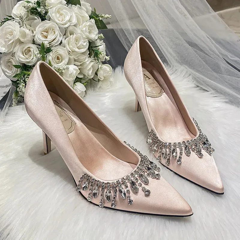 Amozae-Rhinestone Satin Pointed Toe Pumps Women Fashion Elegant High Heels Women Stiletto Heel Luxury Crystal Shine Wedding Dress Shoes