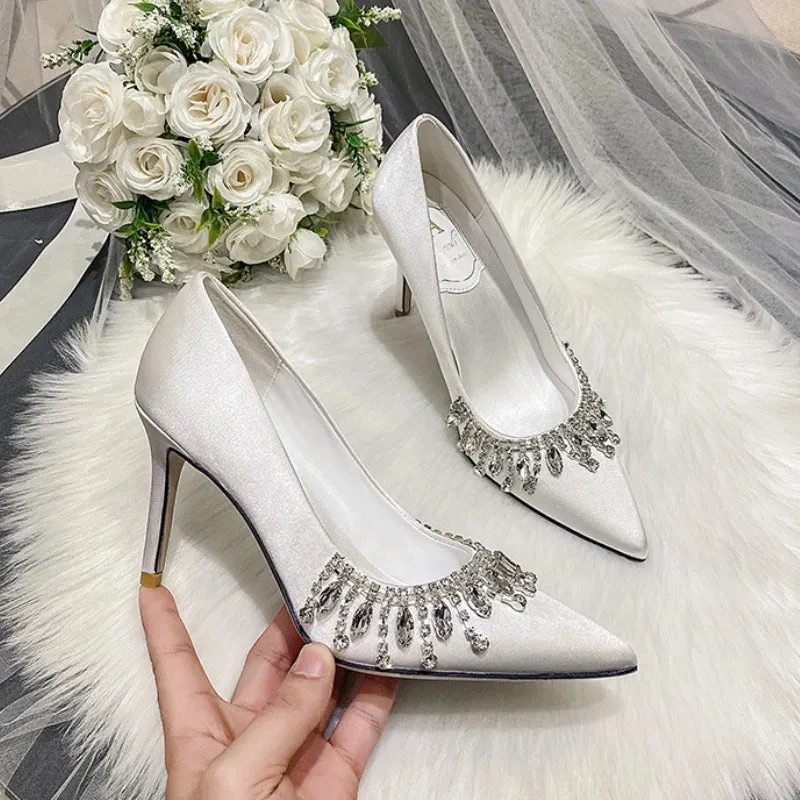 Amozae-Rhinestone Satin Pointed Toe Pumps Women Fashion Elegant High Heels Women Stiletto Heel Luxury Crystal Shine Wedding Dress Shoes