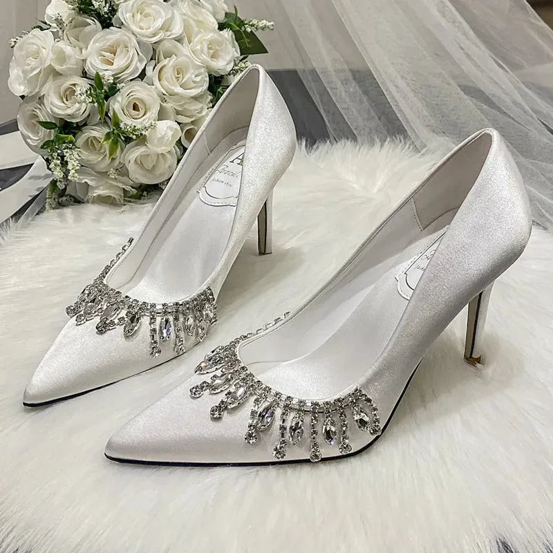 Amozae-Rhinestone Satin Pointed Toe Pumps Women Fashion Elegant High Heels Women Stiletto Heel Luxury Crystal Shine Wedding Dress Shoes