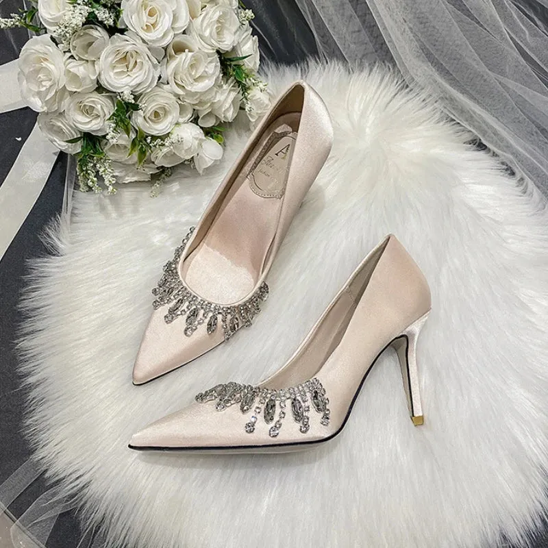 Amozae-Rhinestone Satin Pointed Toe Pumps Women Fashion Elegant High Heels Women Stiletto Heel Luxury Crystal Shine Wedding Dress Shoes