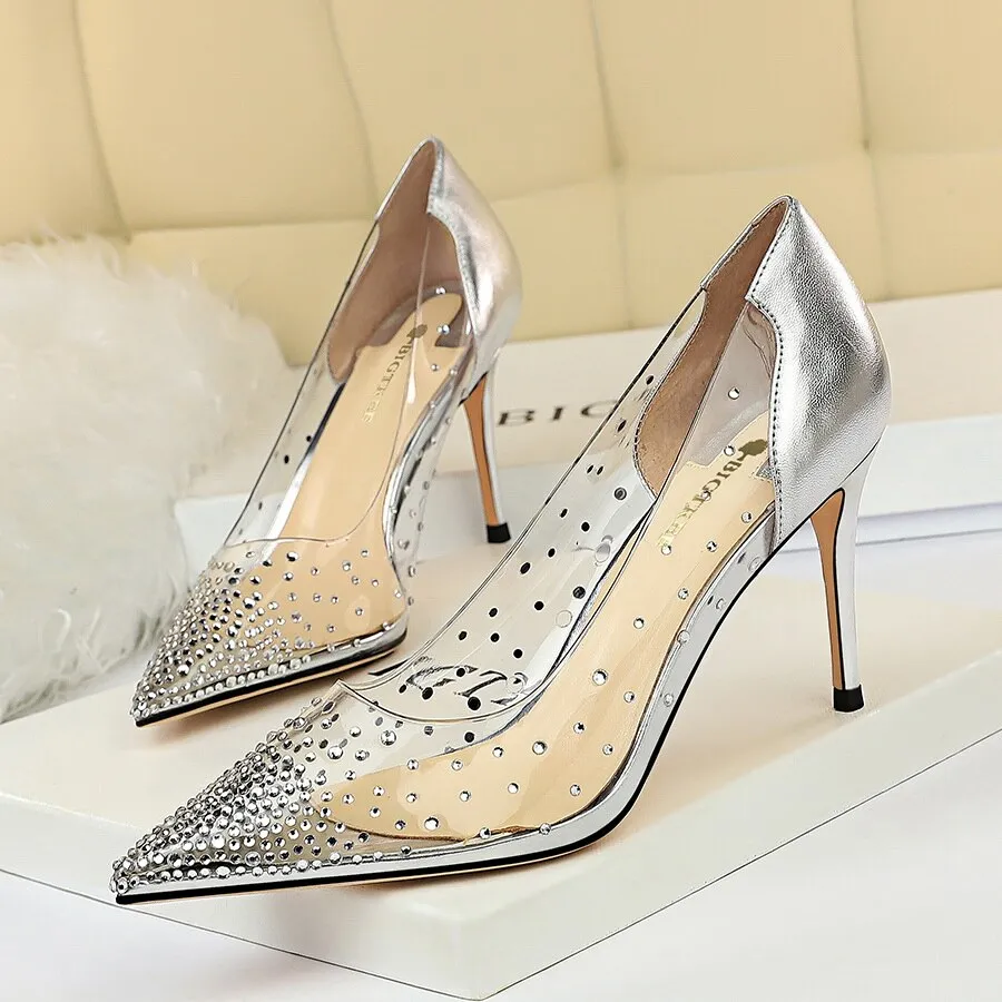 Amozae-Women 8.5cm High Heels Wedding Bridal Tacons Pumps Lady Crystal Diamond Fetish Heels Scarpins Stripper Transparent Shoes