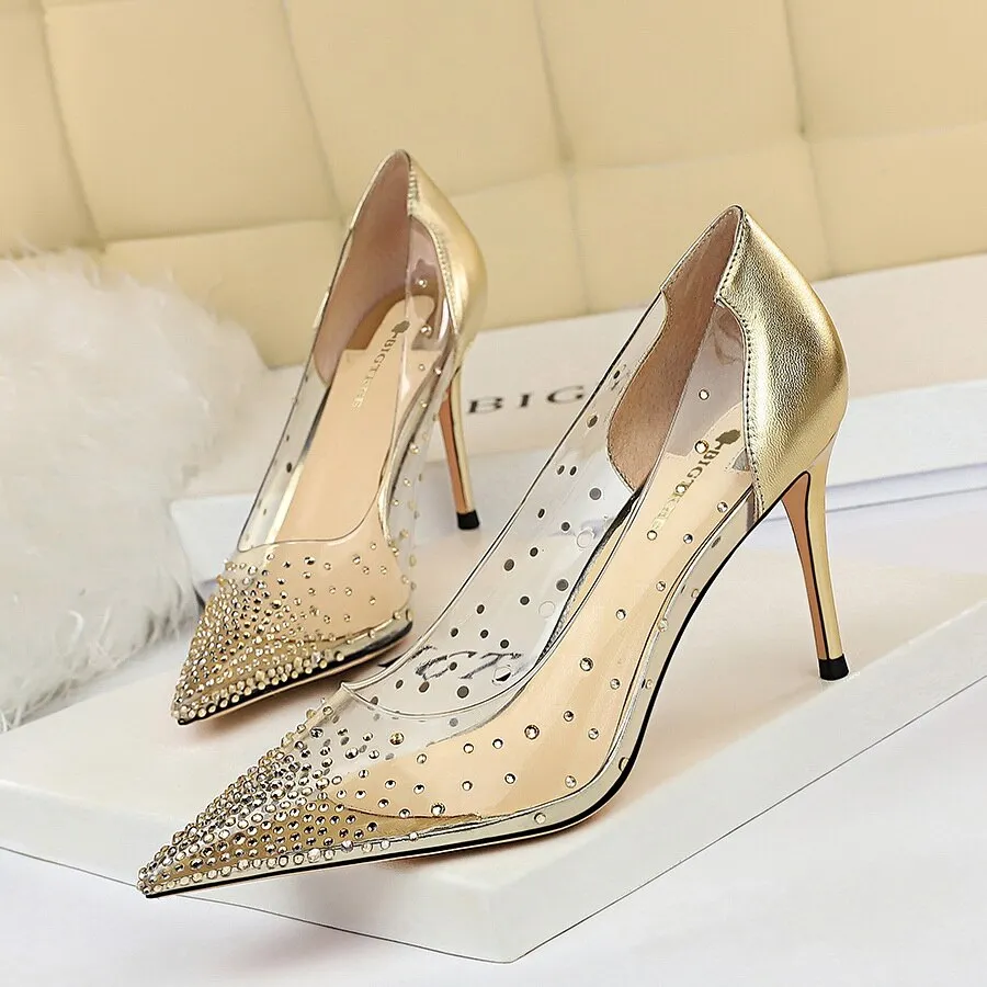 Amozae-Women 8.5cm High Heels Wedding Bridal Tacons Pumps Lady Crystal Diamond Fetish Heels Scarpins Stripper Transparent Shoes