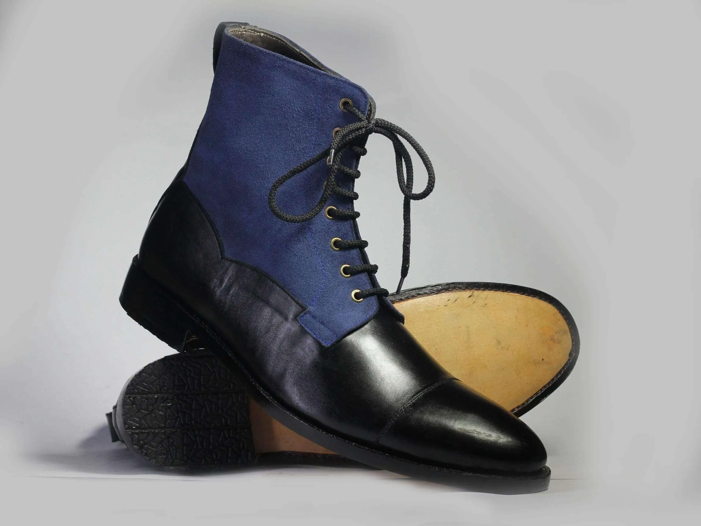 Ankle Black Blue Cap Toe Lace Up Leather Suede Boots