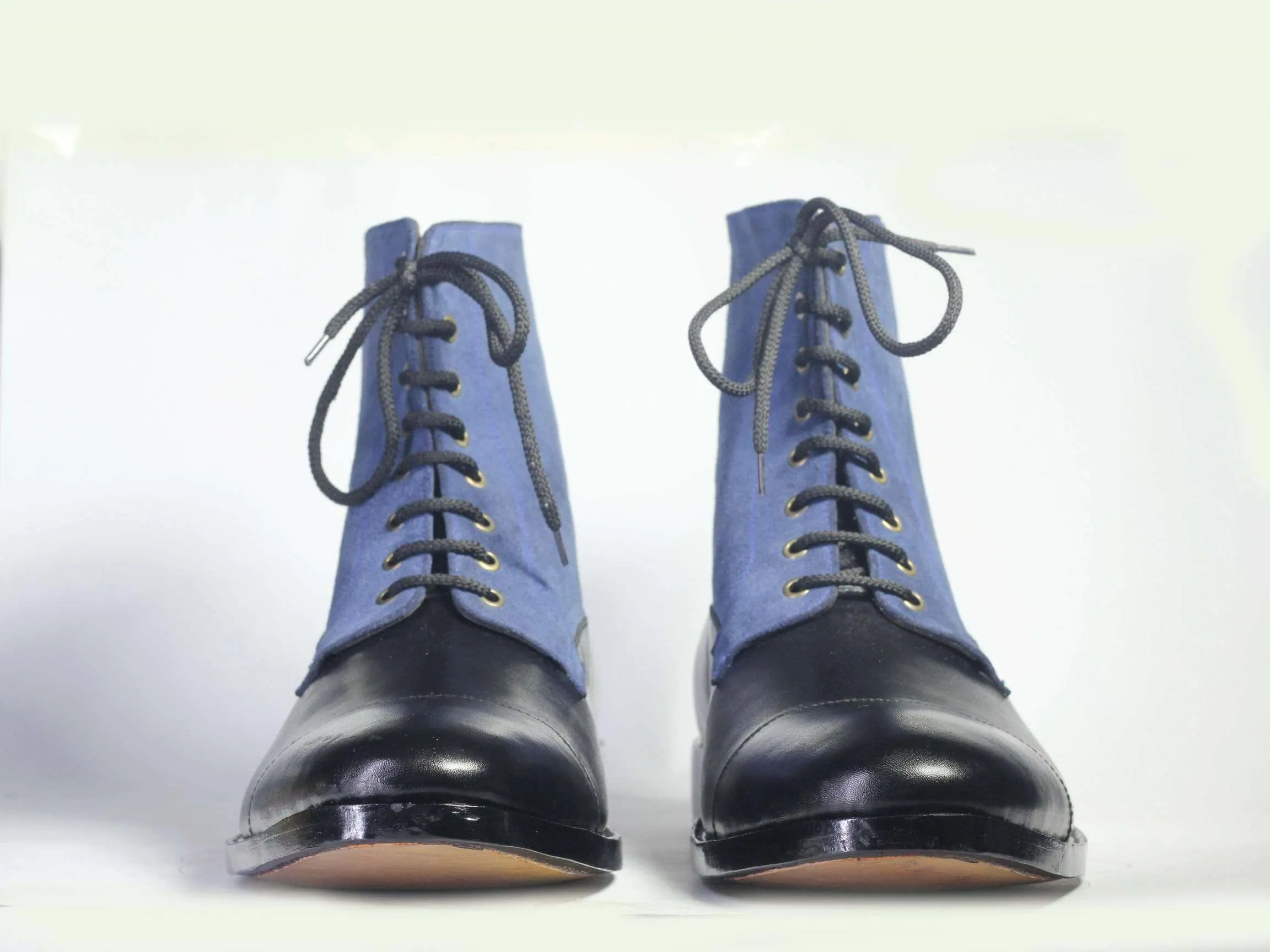 Ankle Black Blue Cap Toe Lace Up Leather Suede Boots