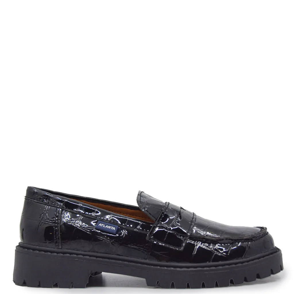 Atlanta Mocassin Black Patent Croc Chunky Penny Loafer