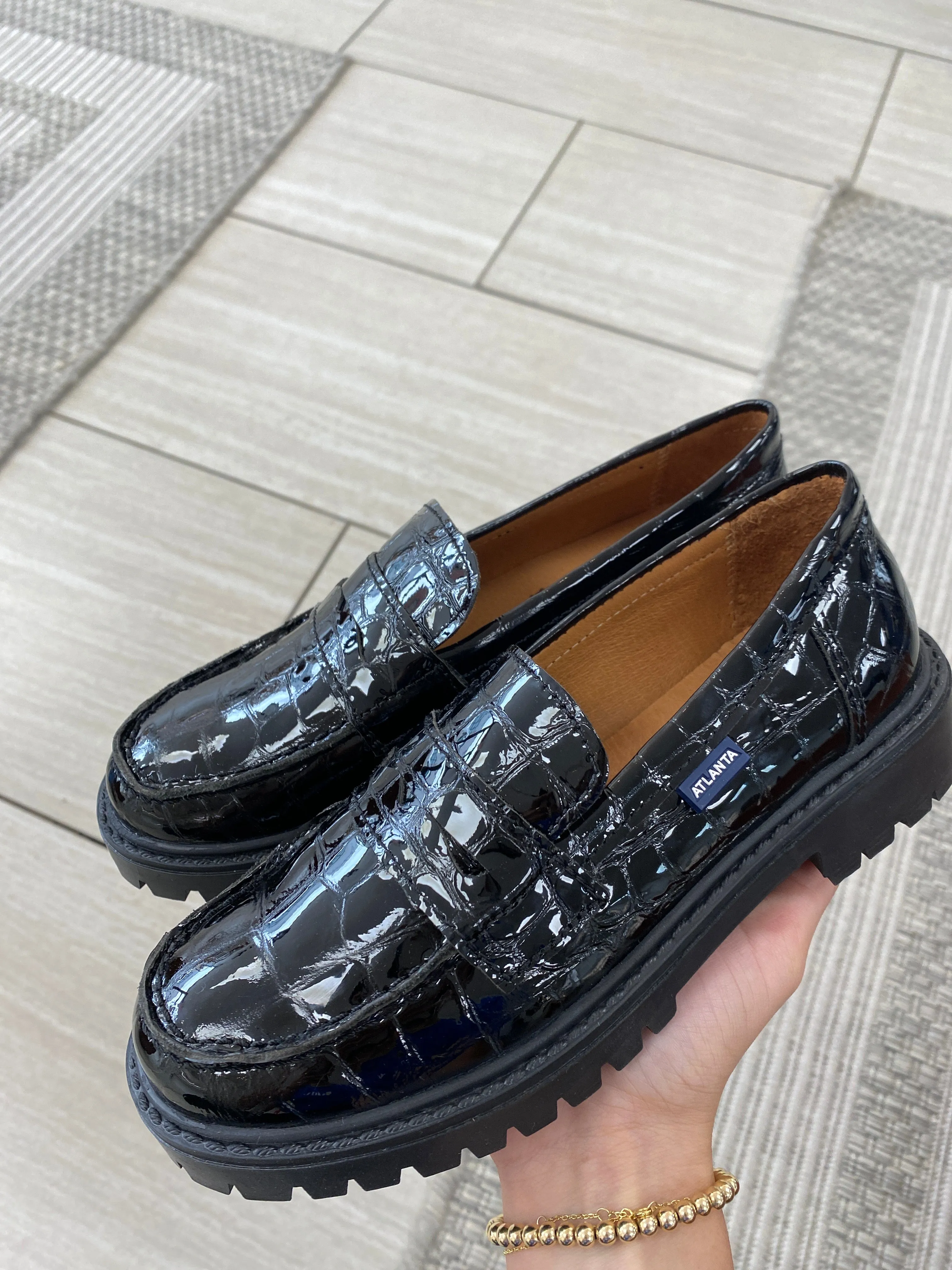 Atlanta Mocassin Black Patent Croc Chunky Penny Loafer