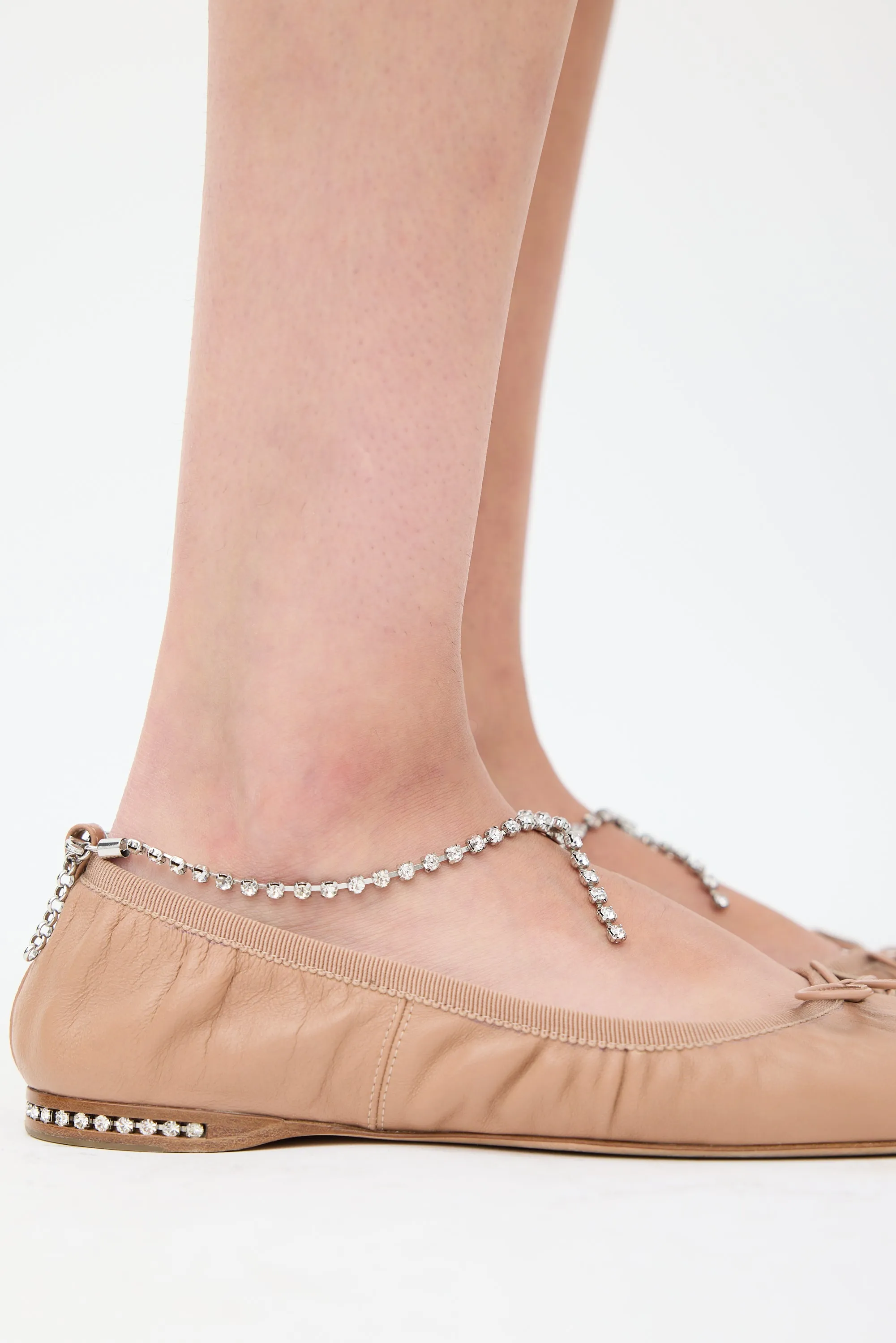 Beige & Silver Leather Jewel Ballet Flat