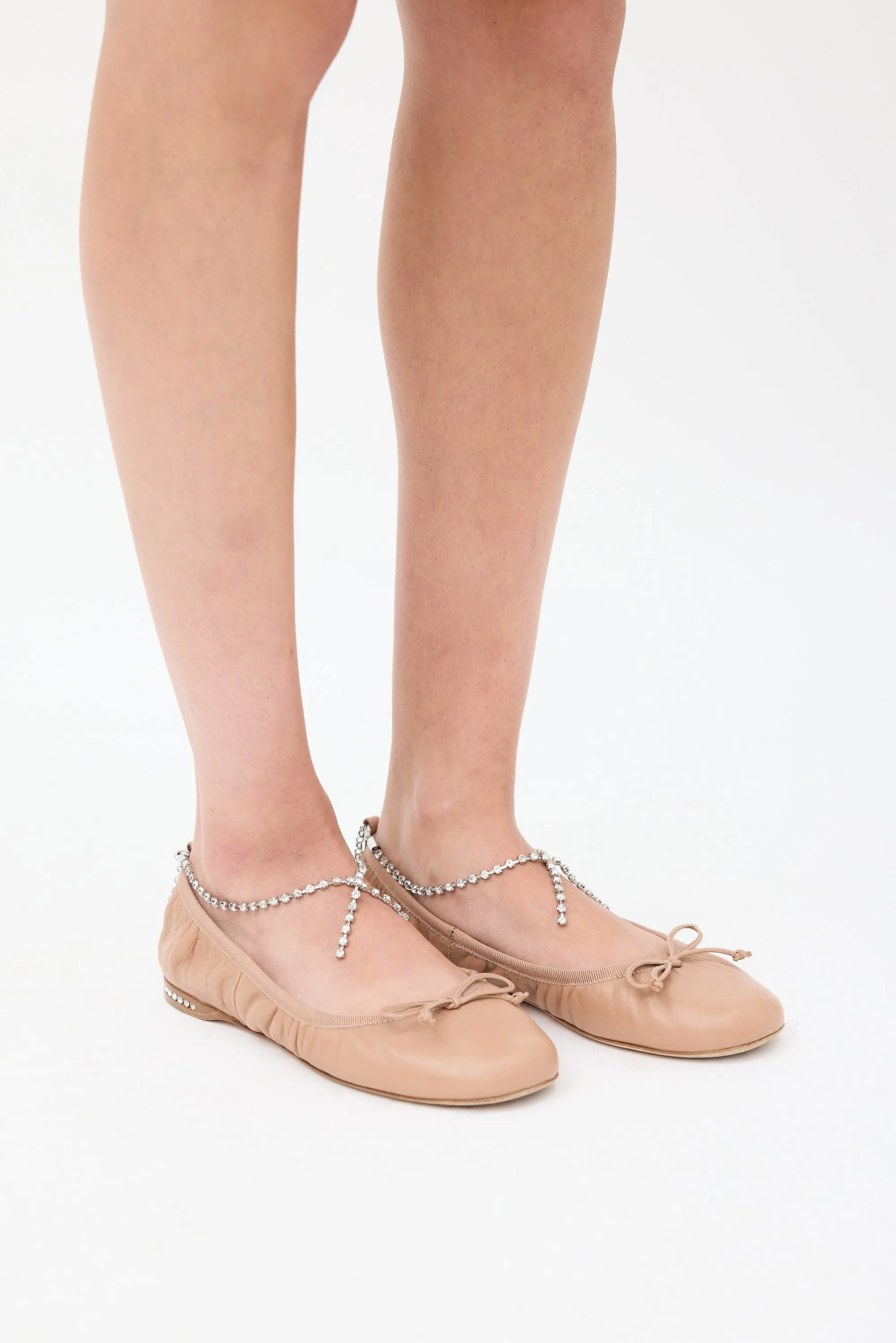 Beige & Silver Leather Jewel Ballet Flat