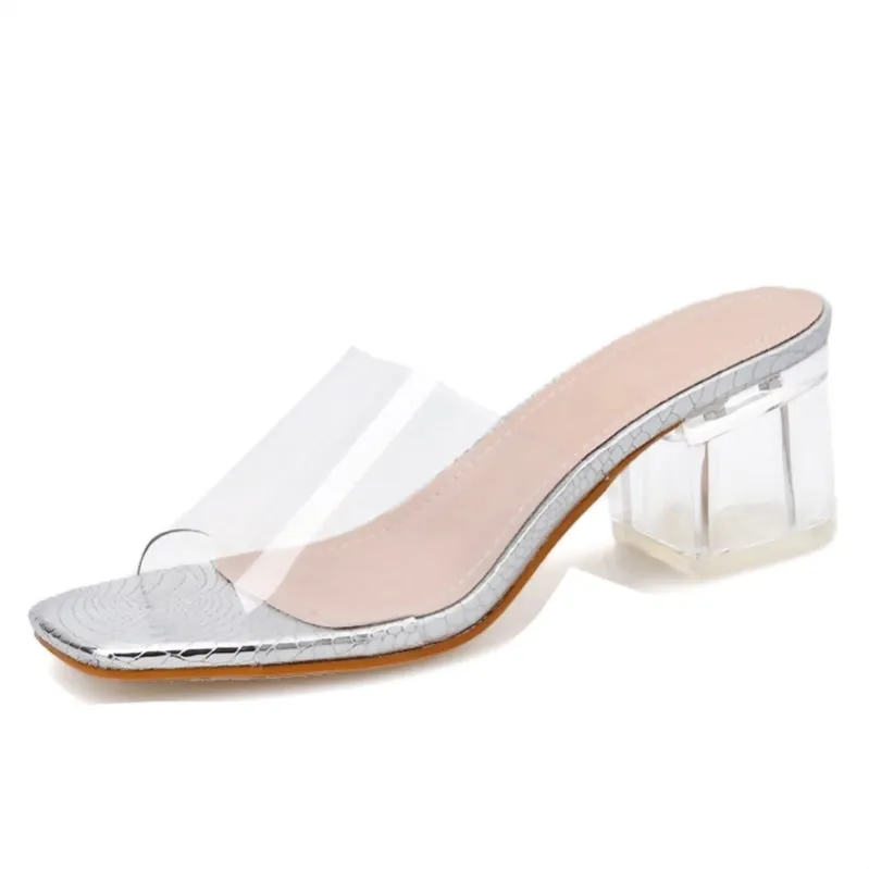 Clear Transparent Slip On Peep Toe Square Mules Pump Shoes