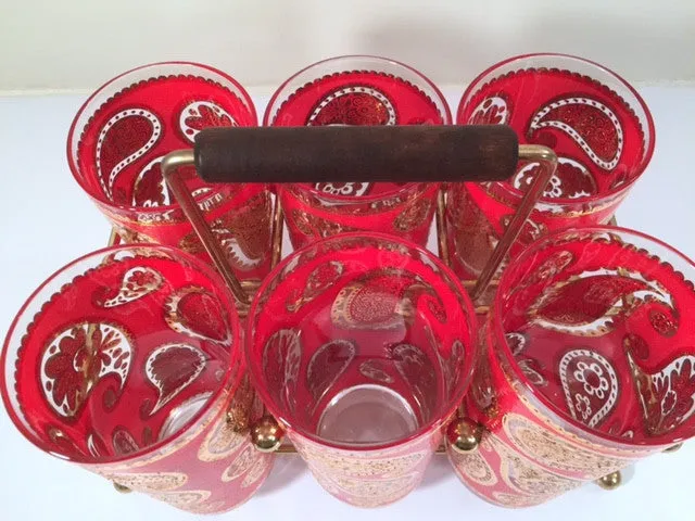 Culver Mid-Century Red & 22-Karat Gold Paisley Bar Set (6 Glasses and Carrier)