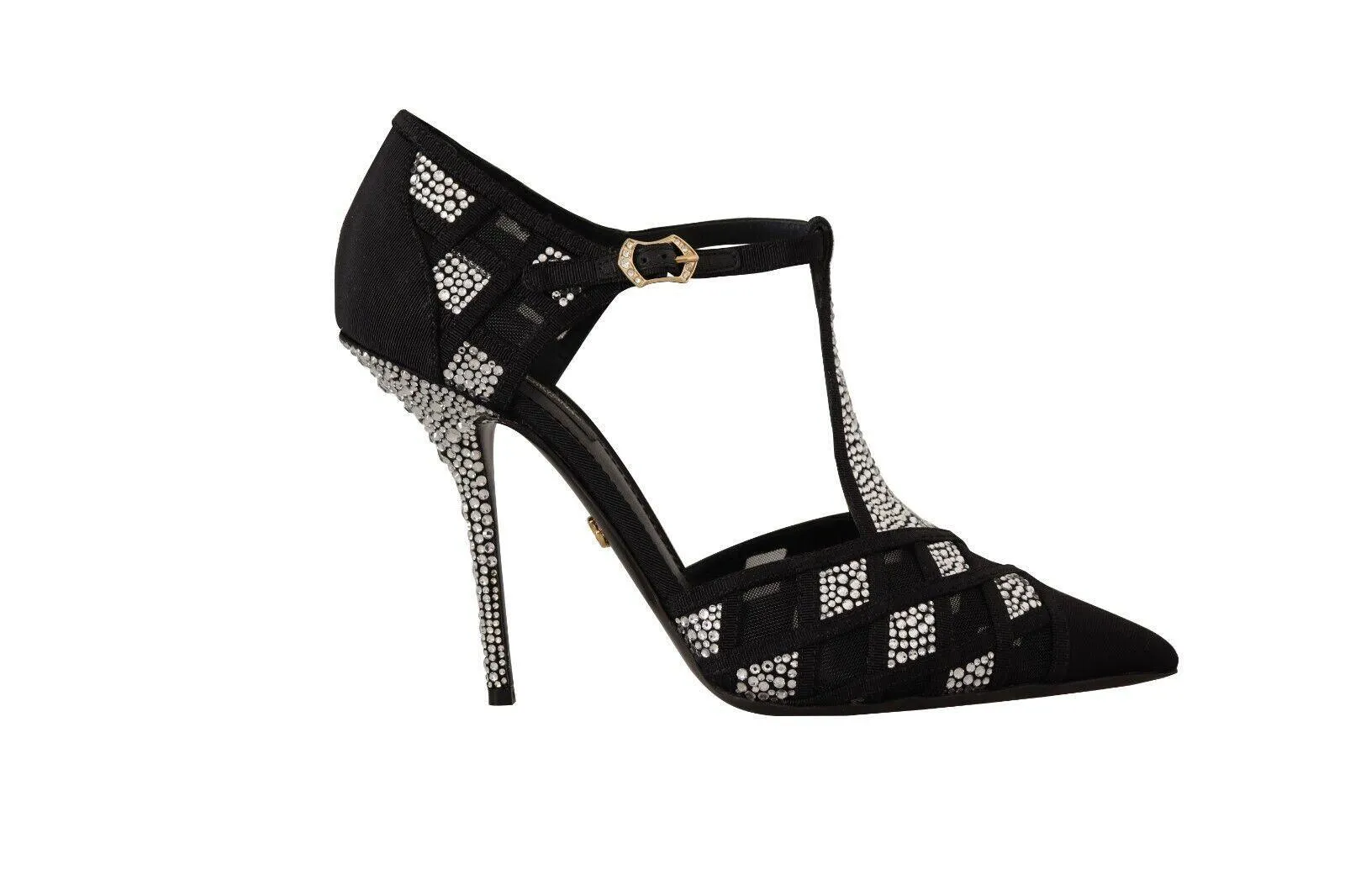 Dolce & Gabbana Black Crystals T-strap Heels Pumps Shoes