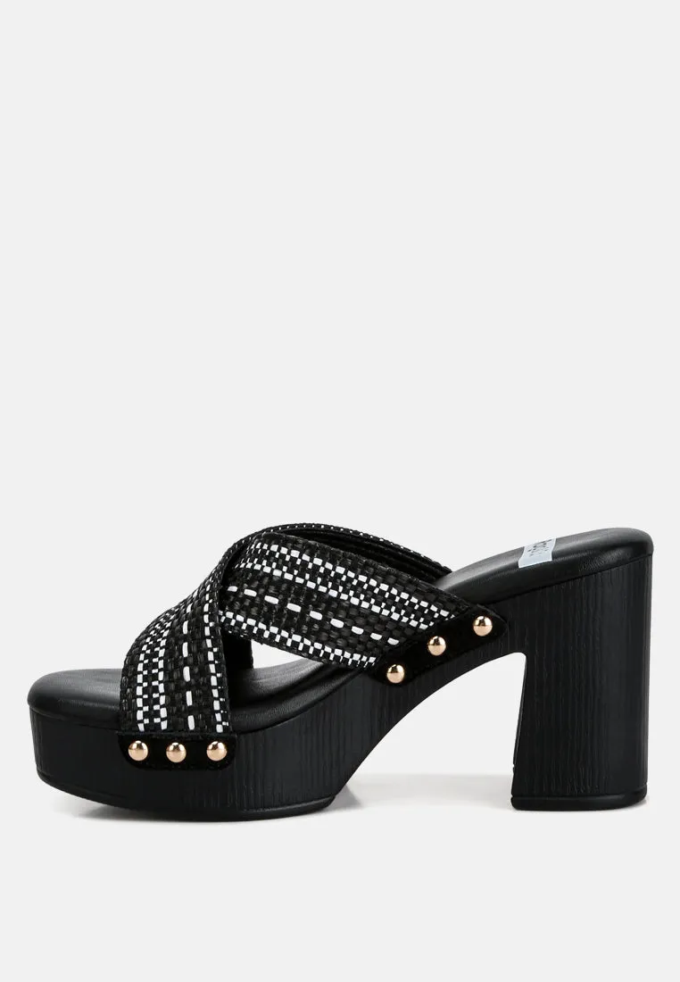 FInley Raffia High Block Heel Clogs In Black