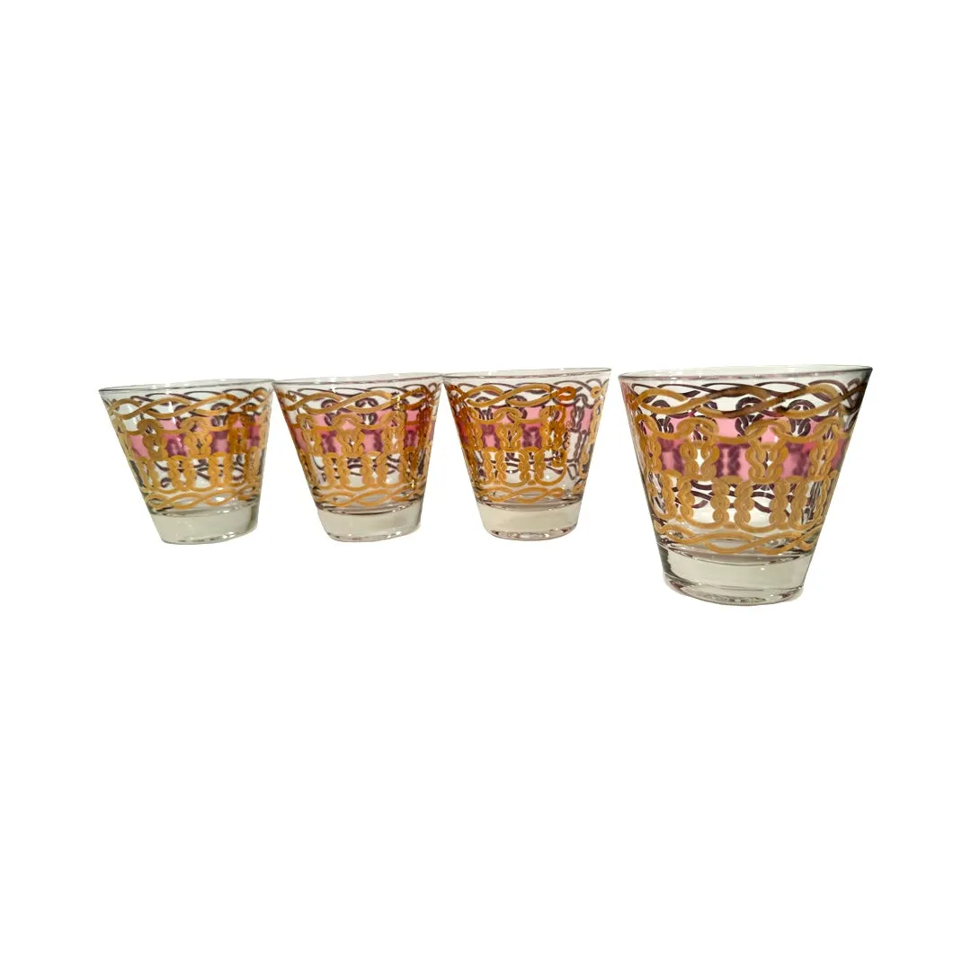 Fred Press Signed Mid-Century Pink and Gold Cocktail Glasses (Set of 4)