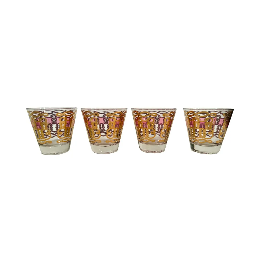 Fred Press Signed Mid-Century Pink and Gold Cocktail Glasses (Set of 4)