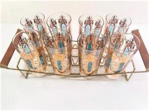 Hollywood Regency Mid-Century Gold-Emerald 9-Piece Cocktail Set