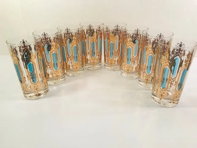 Hollywood Regency Mid-Century Gold-Emerald 9-Piece Cocktail Set