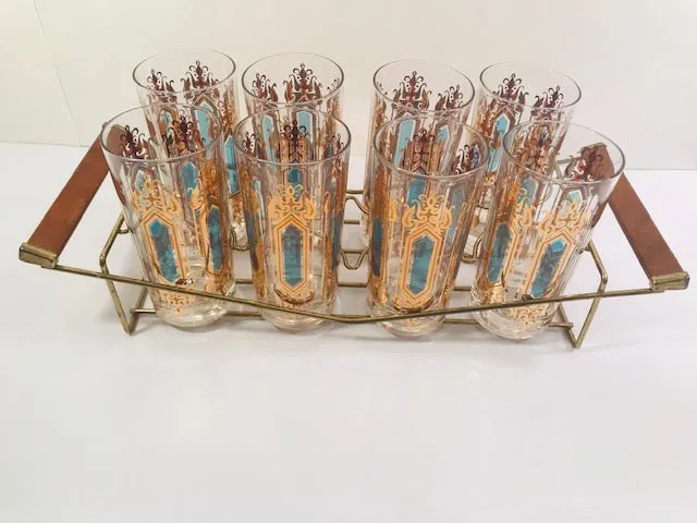 Hollywood Regency Mid-Century Gold-Emerald 9-Piece Cocktail Set