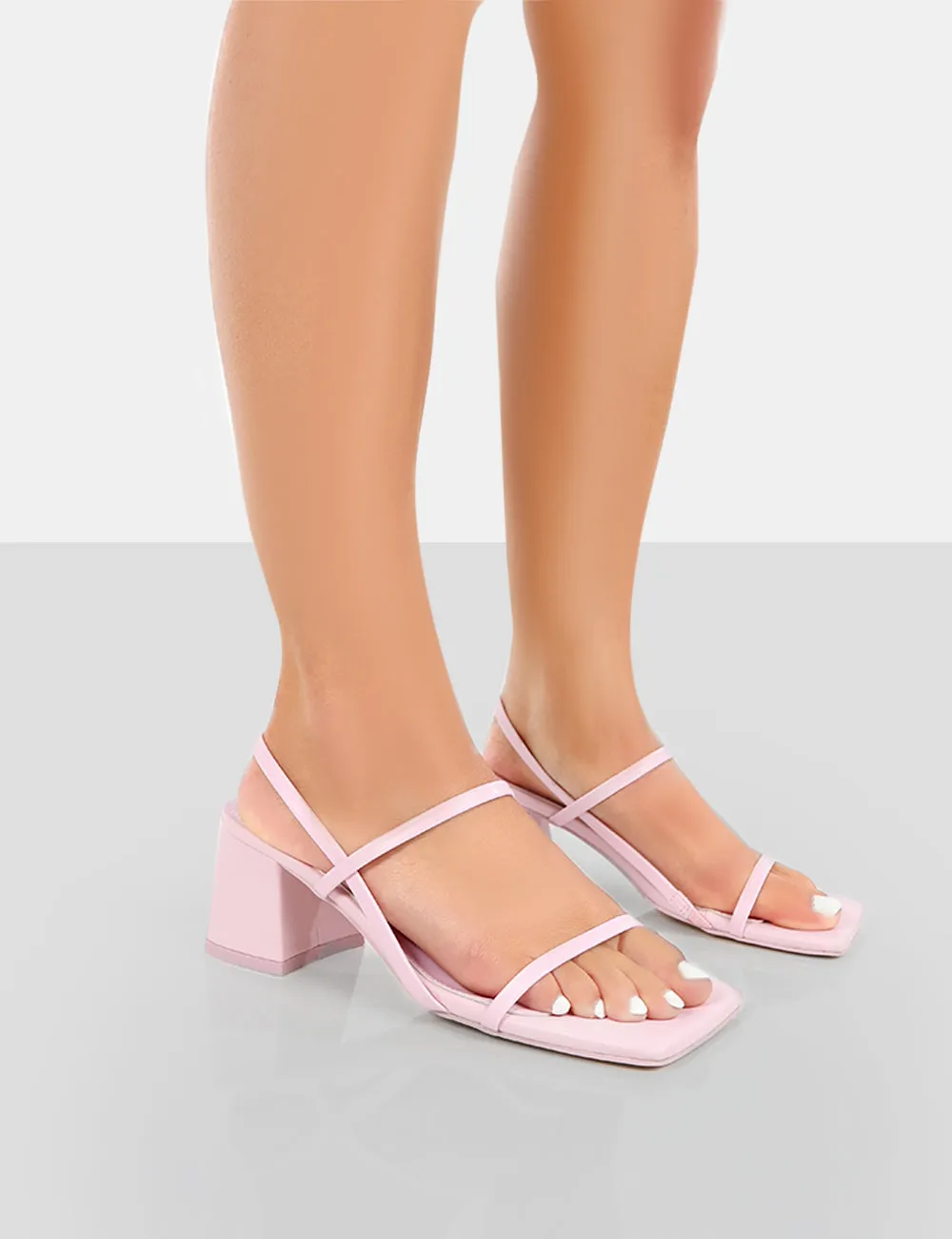 Just Realise Pink PU Strappy Square Toe Mid Block Heeled Sandals