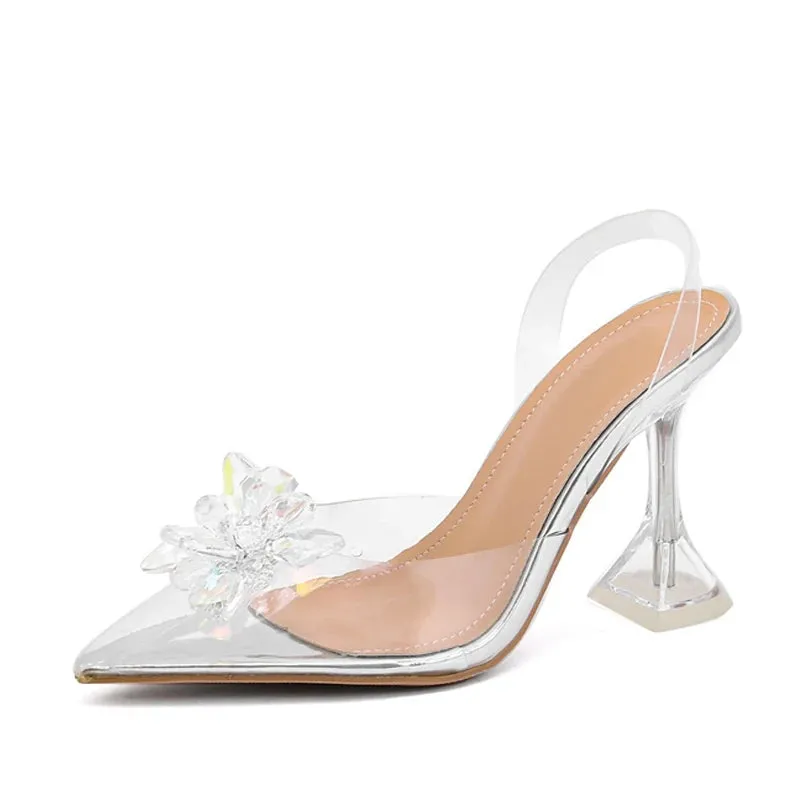 Liyke 2024 New Sexy Slingback Shoes Women Crystal Flower PVC Summer Strange Transparent High Heels Mules Sandals Female Pumps