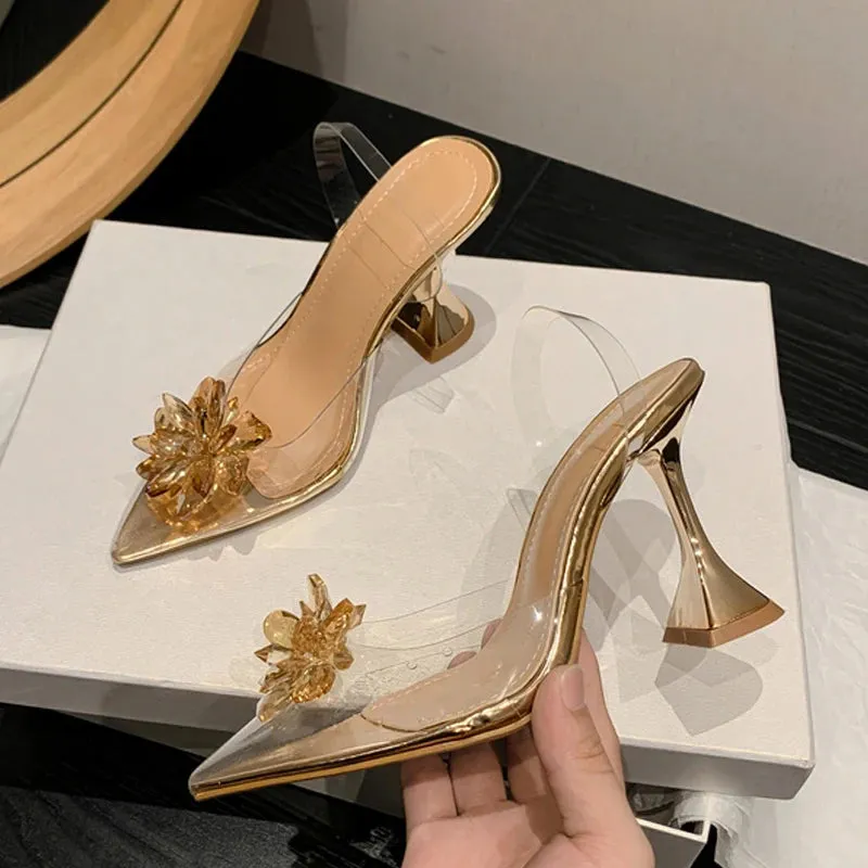 Liyke 2024 New Sexy Slingback Shoes Women Crystal Flower PVC Summer Strange Transparent High Heels Mules Sandals Female Pumps