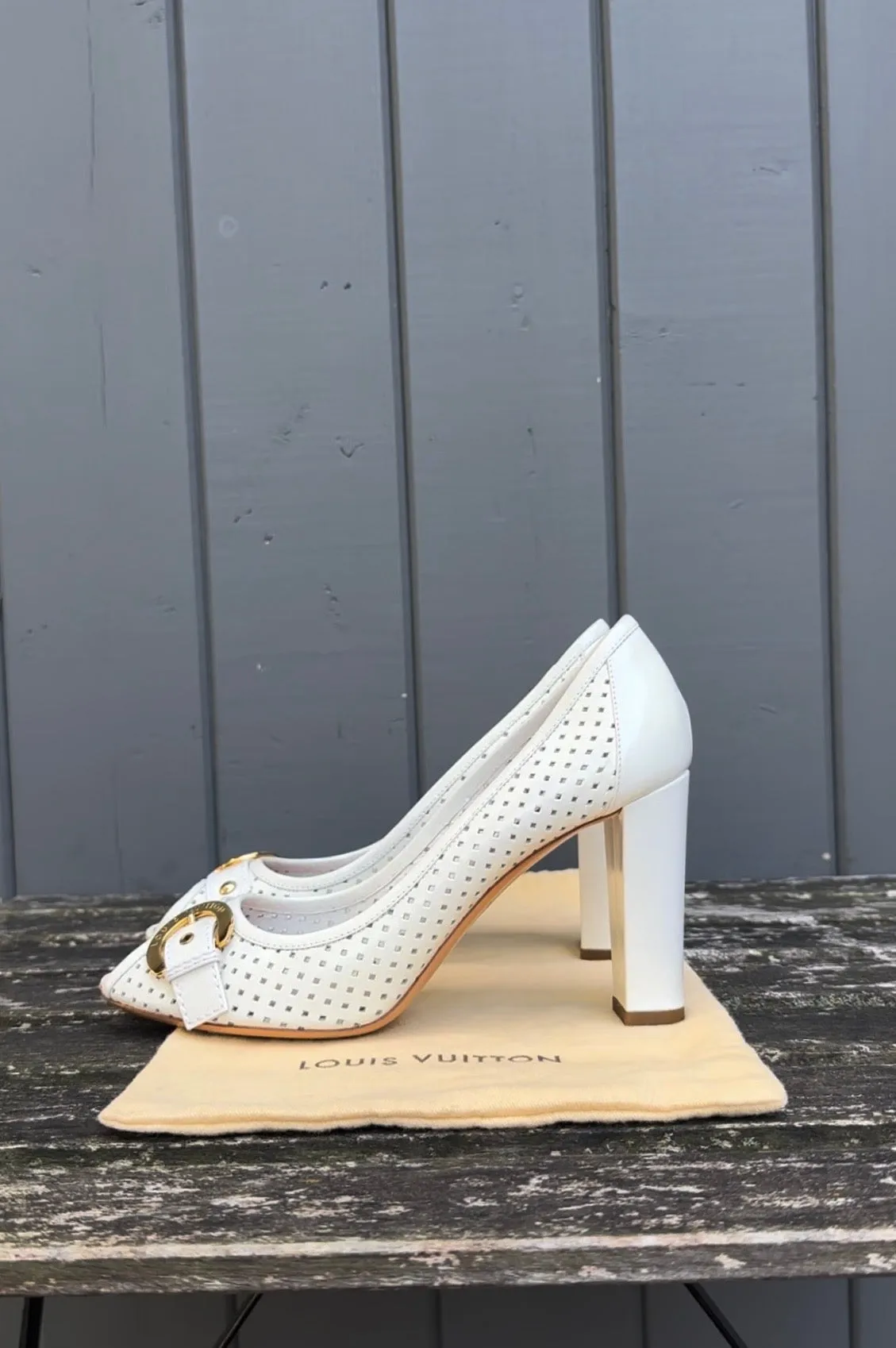 LOUIS VUITTON Perforated Leather Buckle Peep-Toe High Heel Pumps