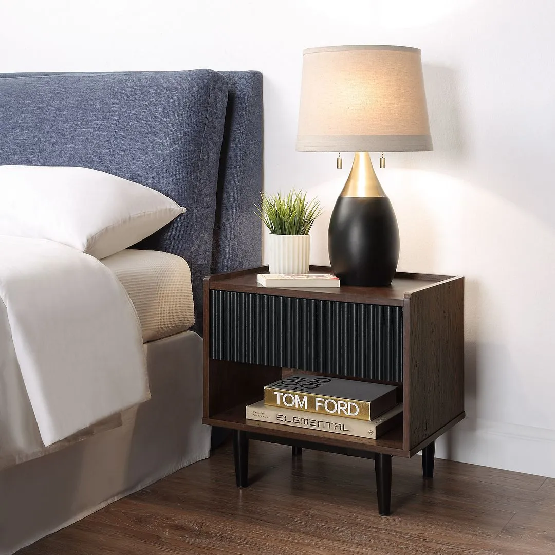 Manhattan Comfort Duane Modern Ribbed Nightstand and Coffee Table in Dark Brown and Black