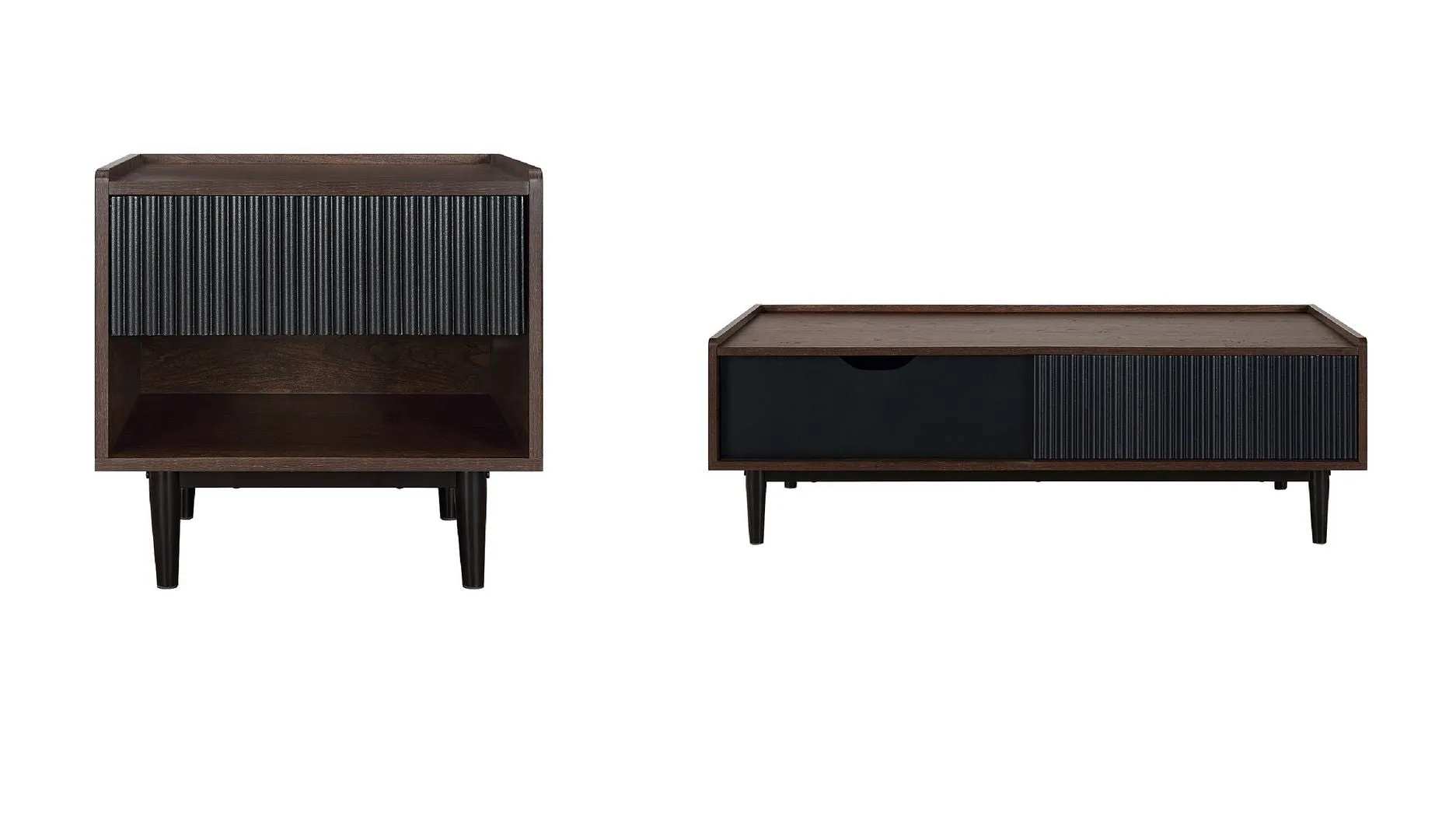 Manhattan Comfort Duane Modern Ribbed Nightstand and Coffee Table in Dark Brown and Black