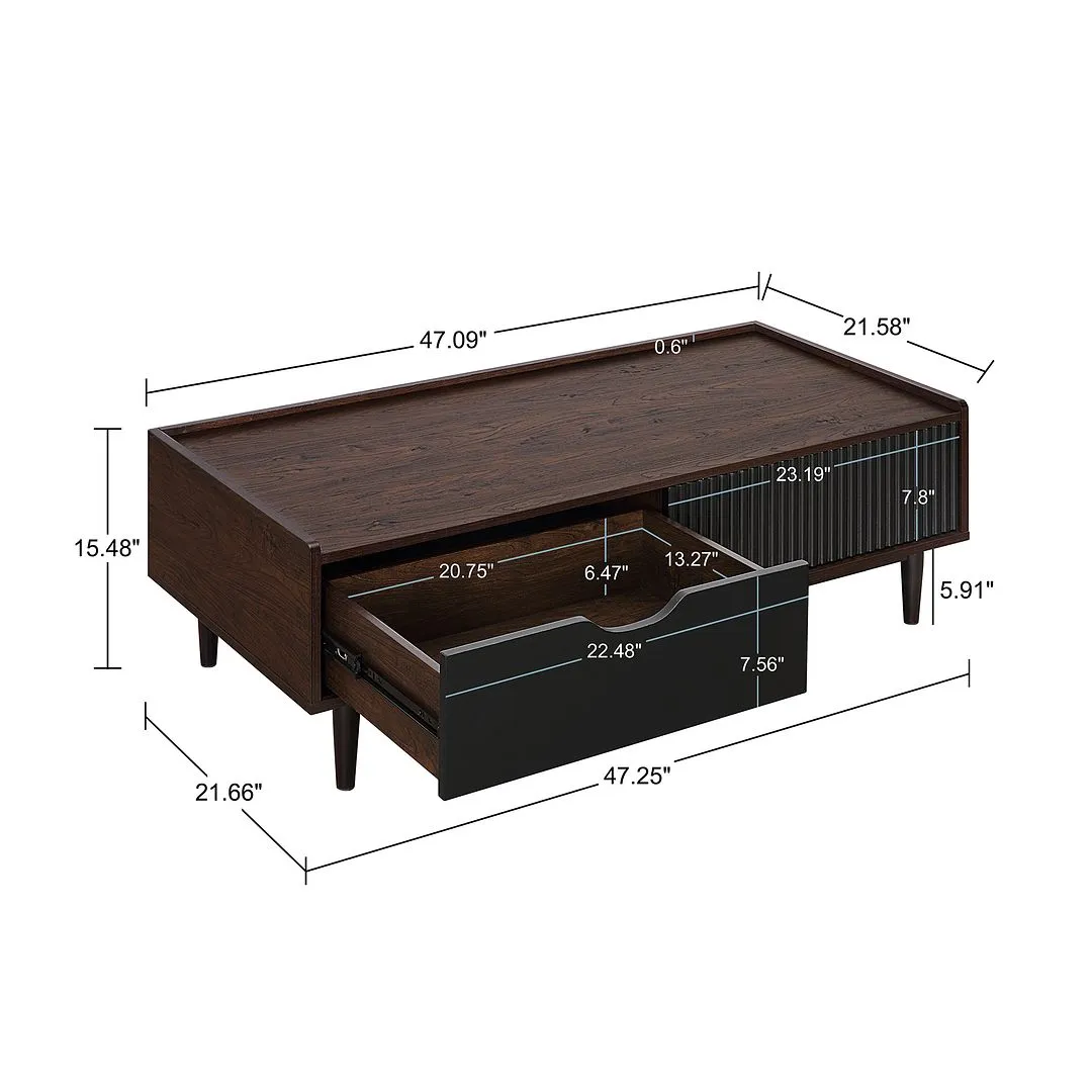 Manhattan Comfort Duane Modern Ribbed Nightstand and Coffee Table in Dark Brown and Black