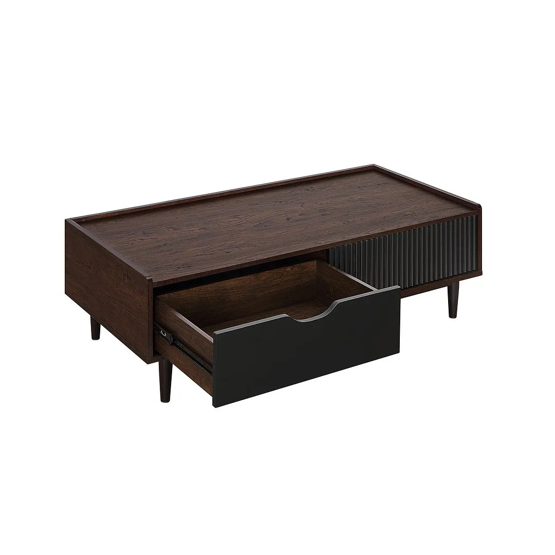 Manhattan Comfort Duane Modern Ribbed Nightstand and Coffee Table in Dark Brown and Black