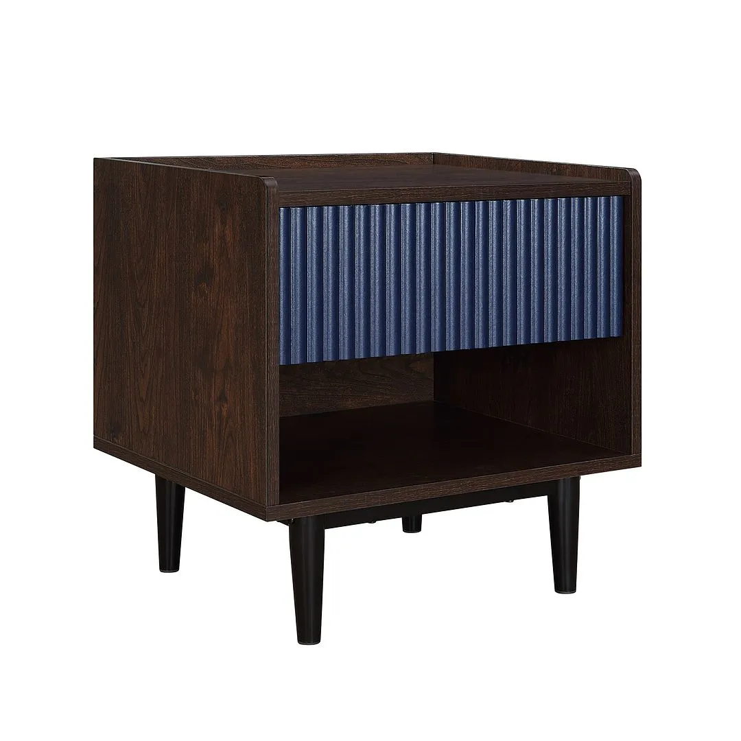 Manhattan Comfort Duane Modern Ribbed Nightstand with Full Extension Drawer in Dark Brown and Navy Blue