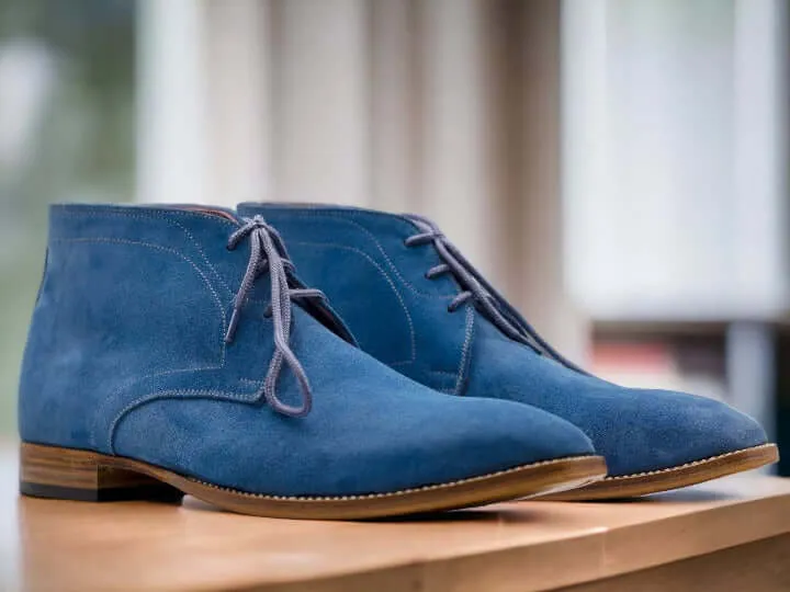 Men's Luxury Hand Stitched Boot, Ankle High Blue Suede Lace Up Boot